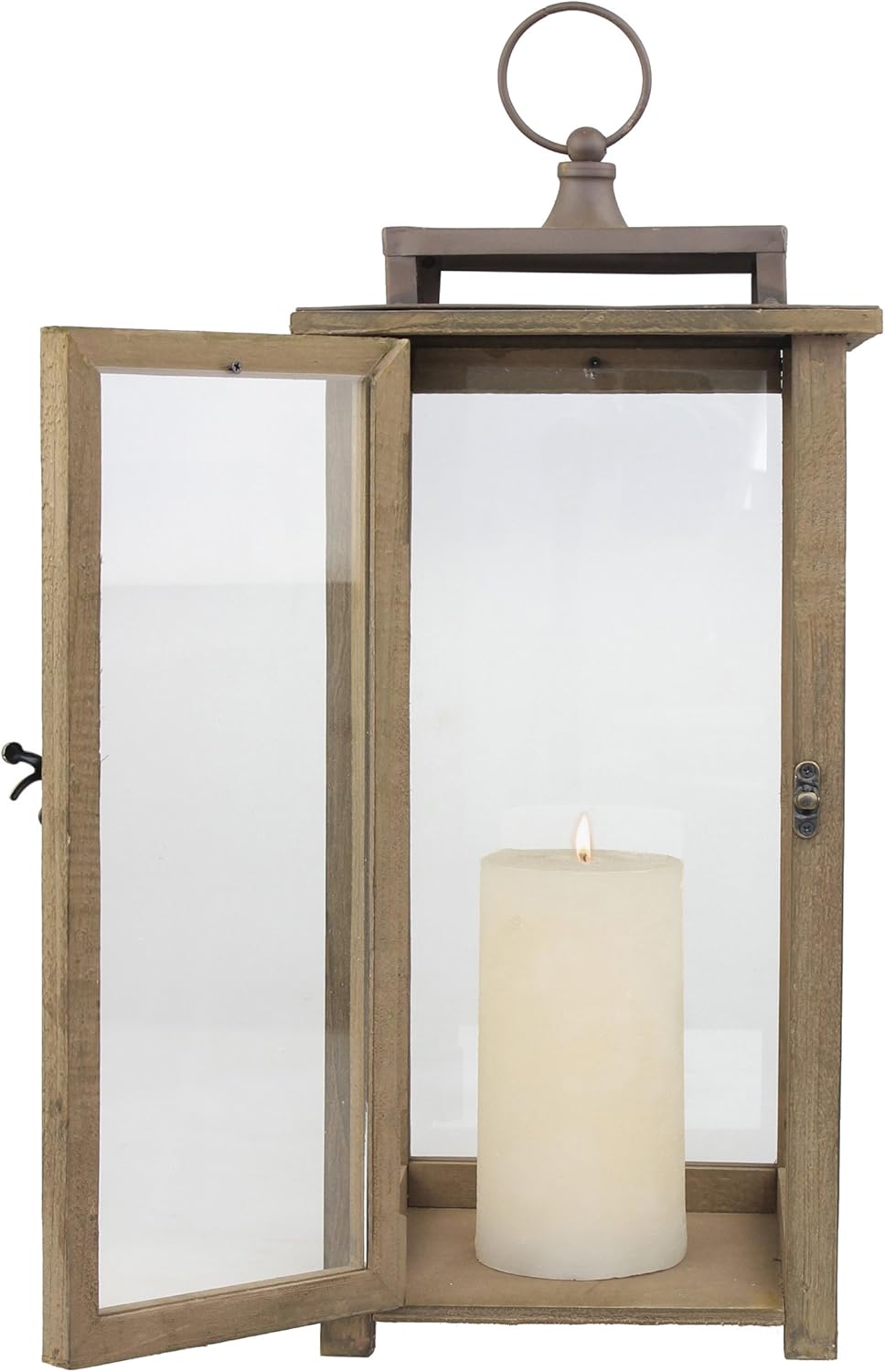 Stonebriar 18 Inch Rustic Wooden Hurricane Candle Lantern with Handle, Metal, Brown, 17.5", 17.5"