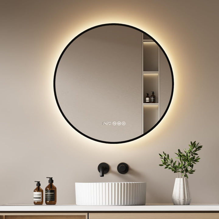 EMKE LED Badspiegel Rund Spiegel mit Beleuchtung ф70cm Badspiegel Schwarzer Rand Badezimmerspiegel m