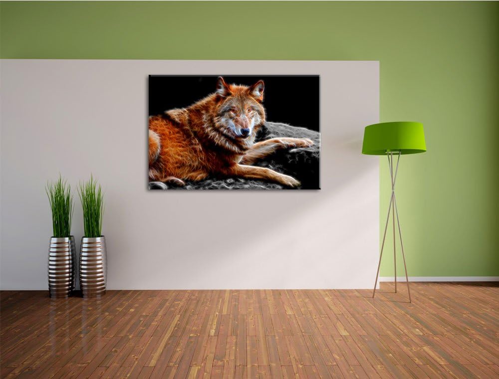 Dark stolzer Wolf auf Stein schwarz/weiss Deluxe Format: 100x70 cm auf Leinwand, XXL riesige Bilder