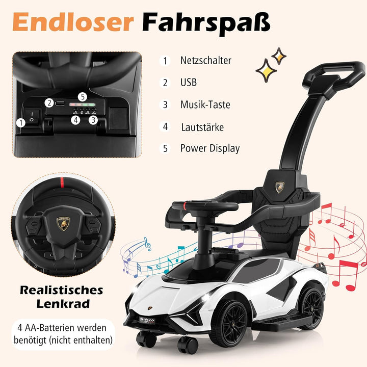 DREAMADE 3-in-1 Rutschauto Lamborghini, Rutschfahrzeug mit Schiebestange, Musik, Lichter & Sicherhei