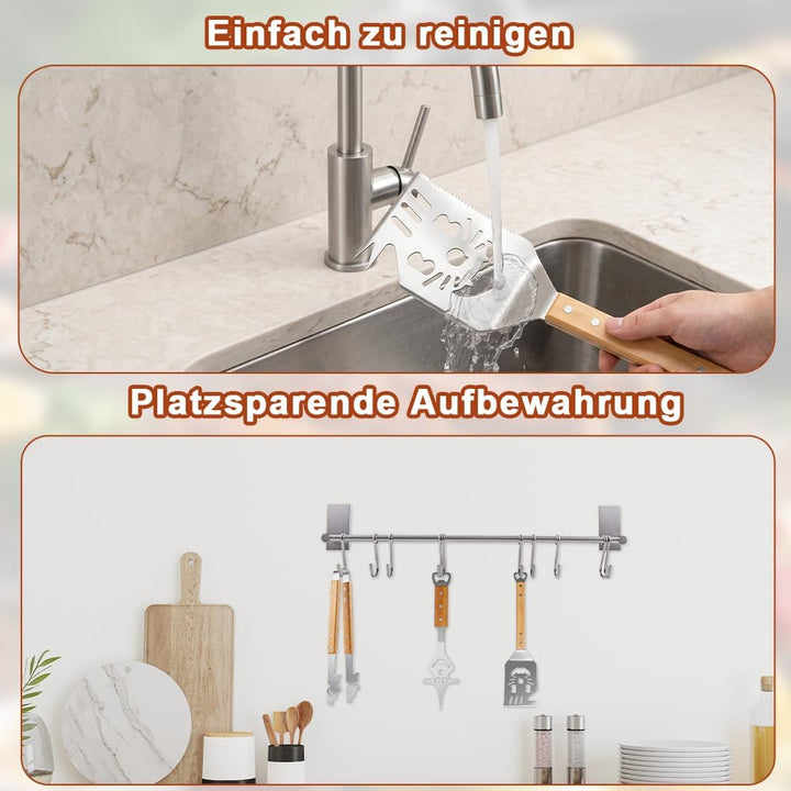 3-teilig Edelstahl BBQ Grillbesteck Set mit Holzgriﬀen, BBQ Zubehör mit Grillzange, Spatel und Gabel
