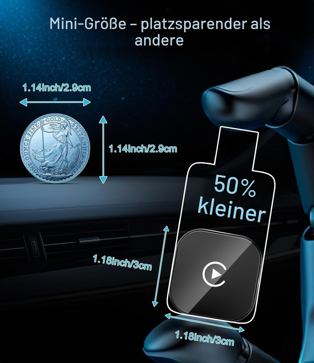 CarPlay Wireless Adapter für Apple 2026, Car Play kabellos Adapter, Plug &amp; Play, USB-A, Mini &amp; Stabi