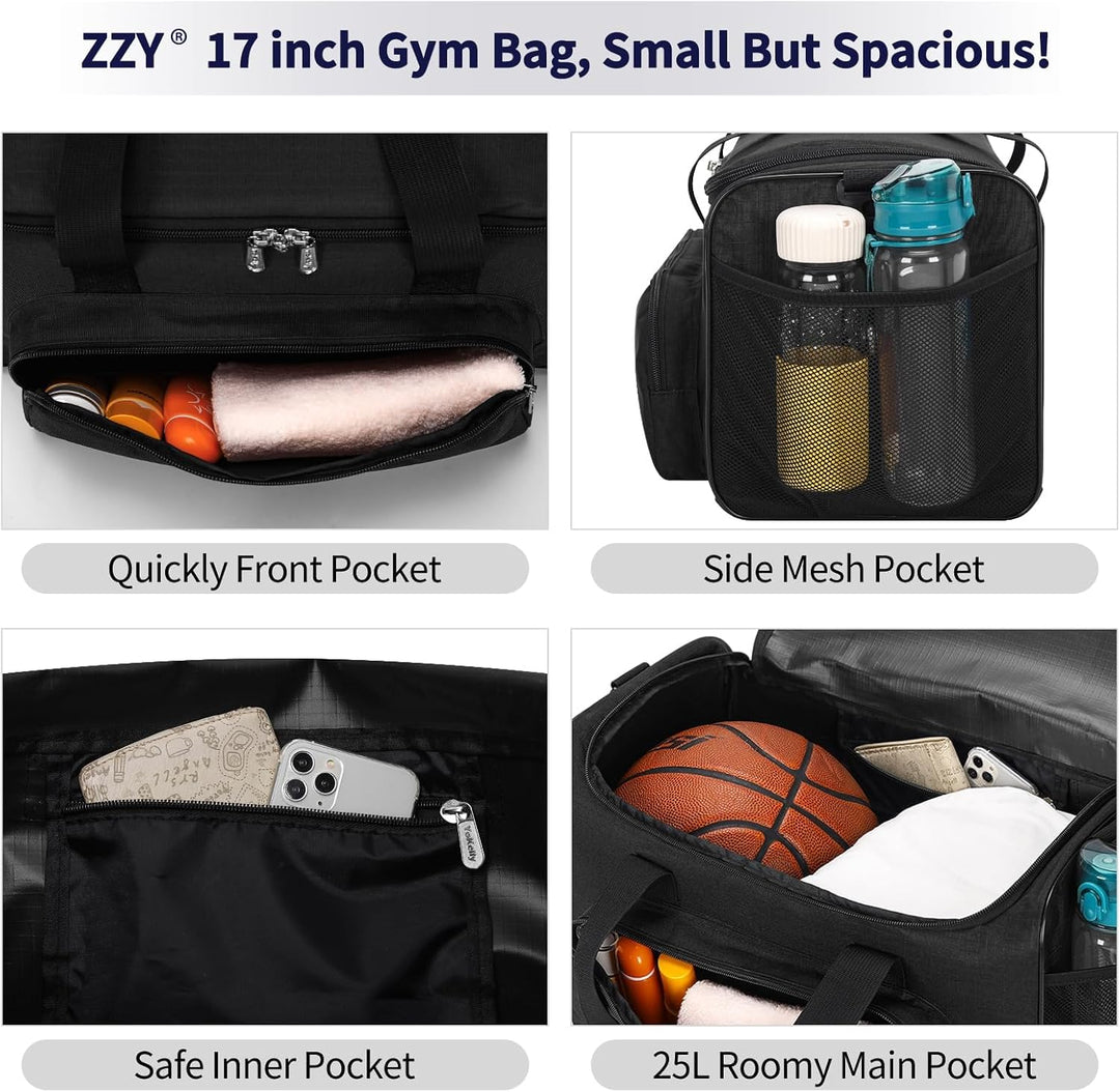 ZZY Kleine Sporttasche Herren 25L, Reisetasche Klein, Schwarz | 43x22x25cm, Mehreren Fächern, für Gy