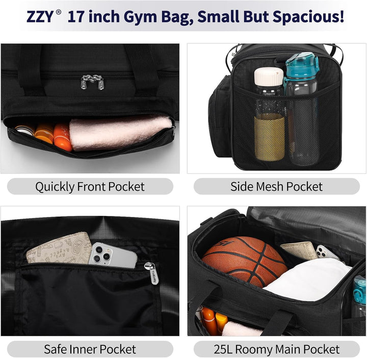ZZY Kleine Sporttasche Herren 25L, Reisetasche Klein, Schwarz | 43x22x25cm, Mehreren Fächern, für Gy
