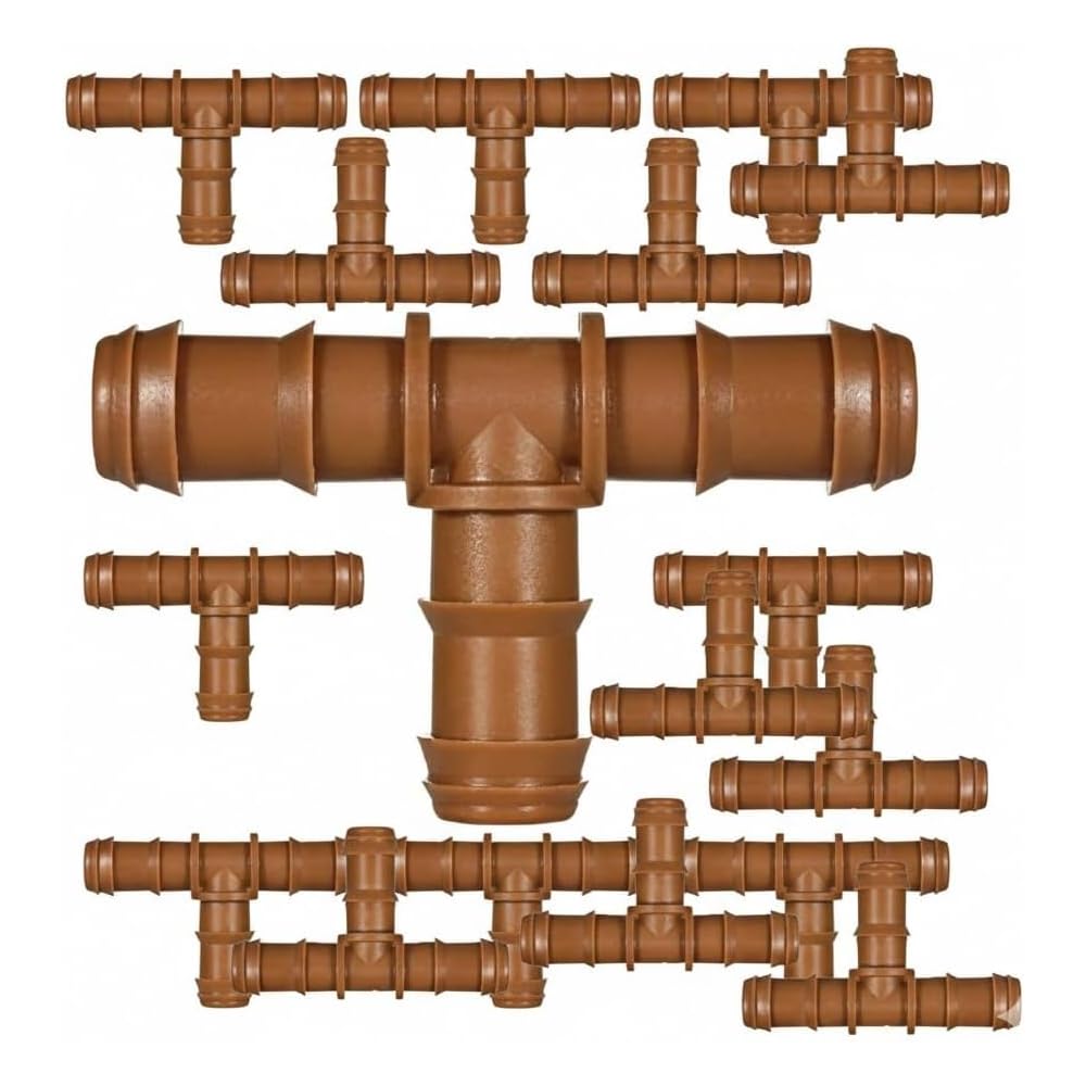 Suinga. 50 x T-STÜCKE FÜR TROPFBEWÄSSERUNG BRAUN 16MM. Verbindung für Tropfröhre mit einem Durchmess