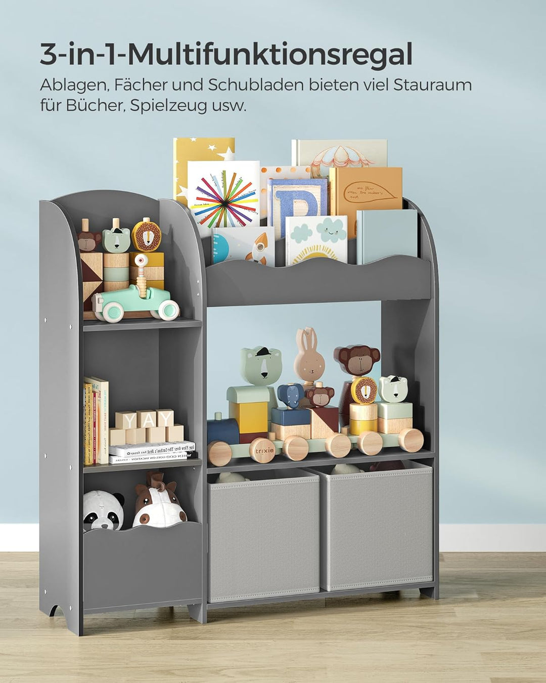 SONGMICS Bücherregal Kinder, Kinderregal für Spielzeug und Bücher, Aufbewahrung mit 2 Boxen, für Spi