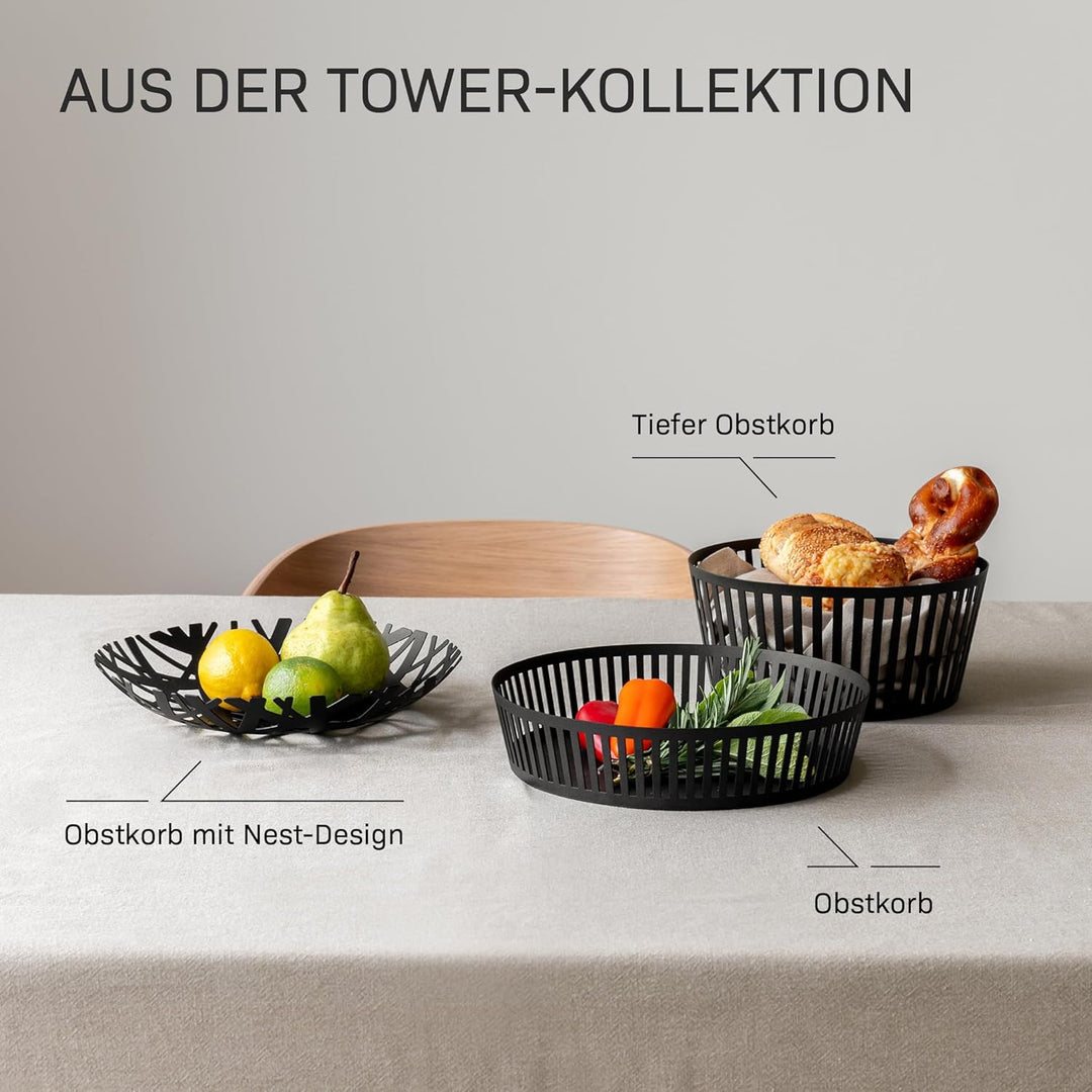 Yamazaki 2498 TOWER Obstschale, Schwarz, Stahl, Minimalistisch, 26 x 26 x 4,5 cm, Schwarz
