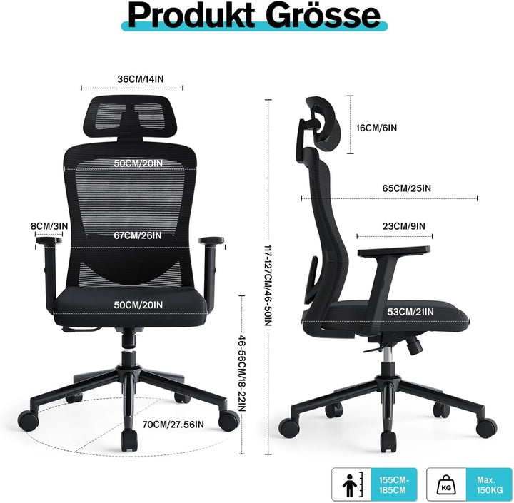 Bürostuhl mit 120° Wippfunktion, Schreibtischstuhl Ergonomischer Bürostuhl mit Verstellbarer Lendenw