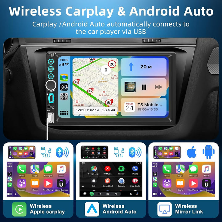 7 Zoll 2 Din Radio mit Wireless CarPlay &amp; Android Auto, Auto Radio Touch Display mit Rückfahrkamera,