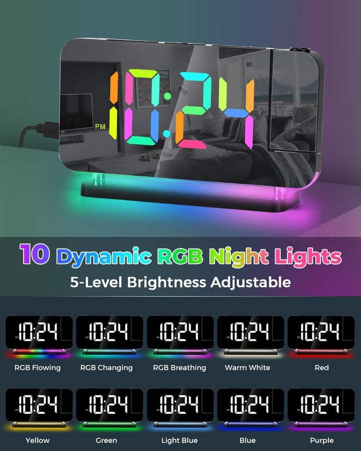 SZELAM Projektionswecker, 7.4 Zoll Digitale Spiegeluhren, mit 180° drehbarem Projektor, RGB-Nachtlic