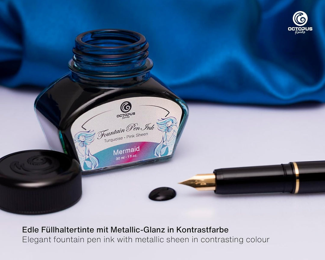 Octopus Fluids Füllhaltertinte Sheen mit Konverter, Mermaid, Petrol, 30 ml Mermaid 30 ml, Mermaid 30