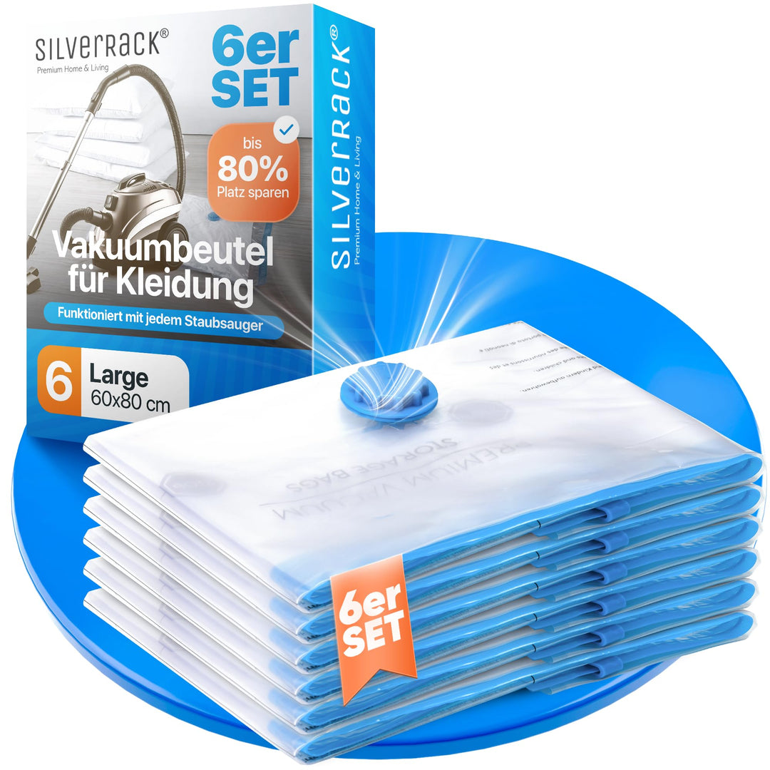 Vakuumbeutel für Kleidung [6 Stück] Gross (60x80 cm) - INKL. ETIKETTEN - Staubsauger Vaccumiertüten