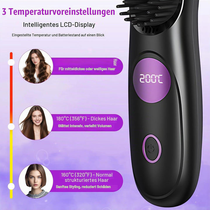 Tragbarer Stylingbürste, Stylingbürste für Kurze Haare, Glättbürste Kabellos mit 3 Temperaturen Vers