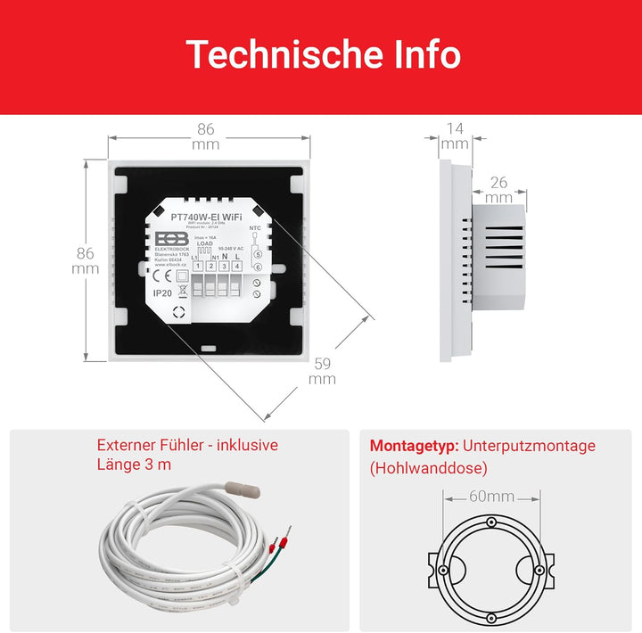Elektrobock PT740W-EI Raumthermostat mit WiFi | Smartes Thermostat für Fussbodenheizung & Elektrohei