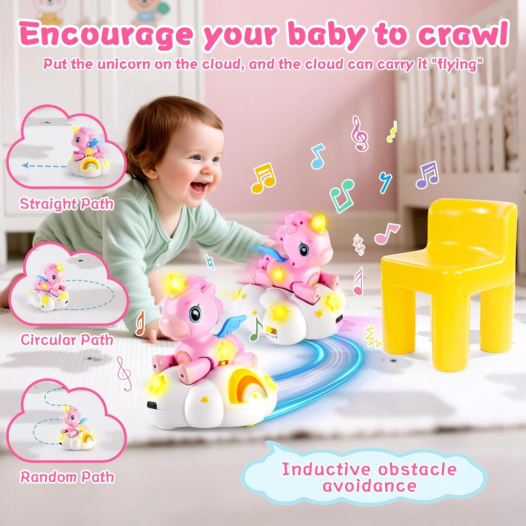 2-in-1 Einhorn Wolken Baby Spielzeug mit 3 Entwicklungsstufen für Tummy Time,Krabbeln mit Licht &amp; Mu