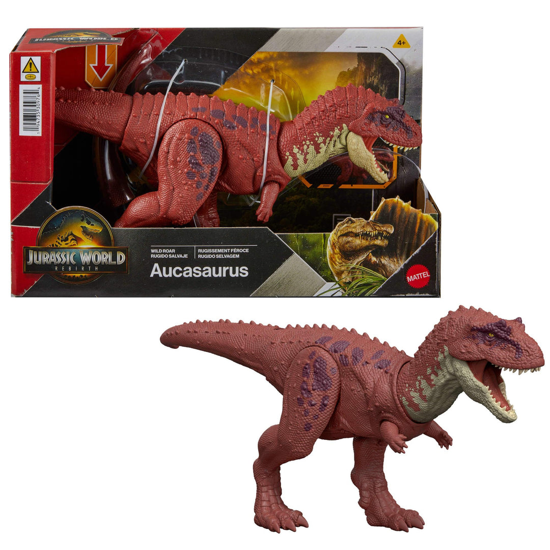 Mattel Jurassic World: Die Wiedergeburt Wild Roar Dinosaurierspielzeug, Aucasaurus mit steuerbarem B