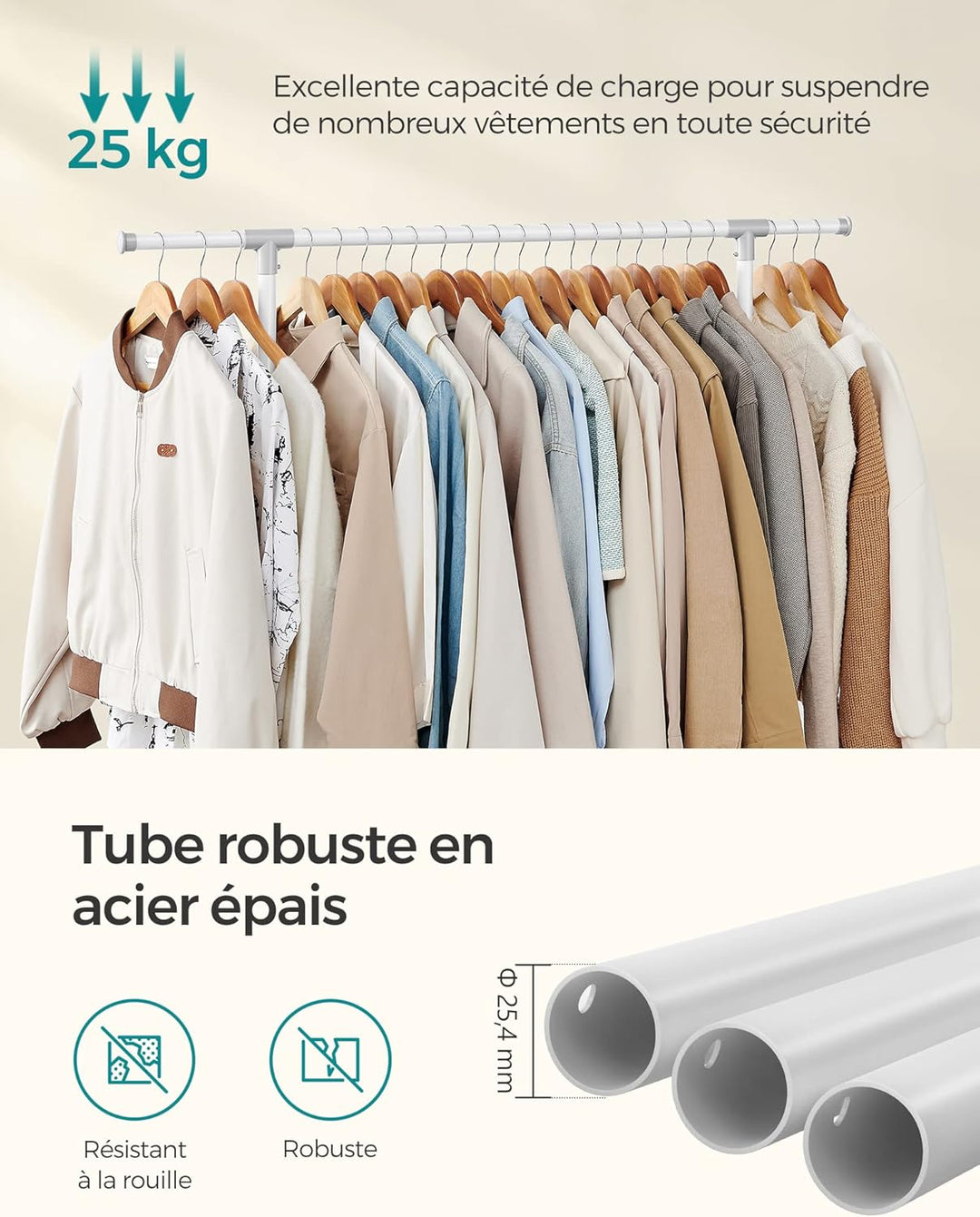SONGMICS Kleiderständer auf Rollen, Kleiderstange, höhenverstellbar zwischen 97 und 165 cm, ausziehb