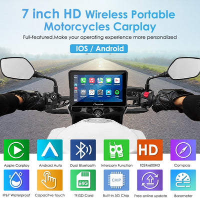 Carpuride W702 Pro Motorrad Carplay Bildschirm mit Gegensprechfunktion, Kabellos CarPlay und Android