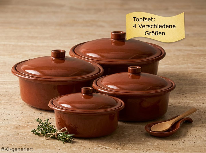 Ton-Cocotte mit Deckel 1,5 – 4,5 Liter - 4er Set – Glasierte Schmortopfe für Ceran, Gas, Ofen & Gril