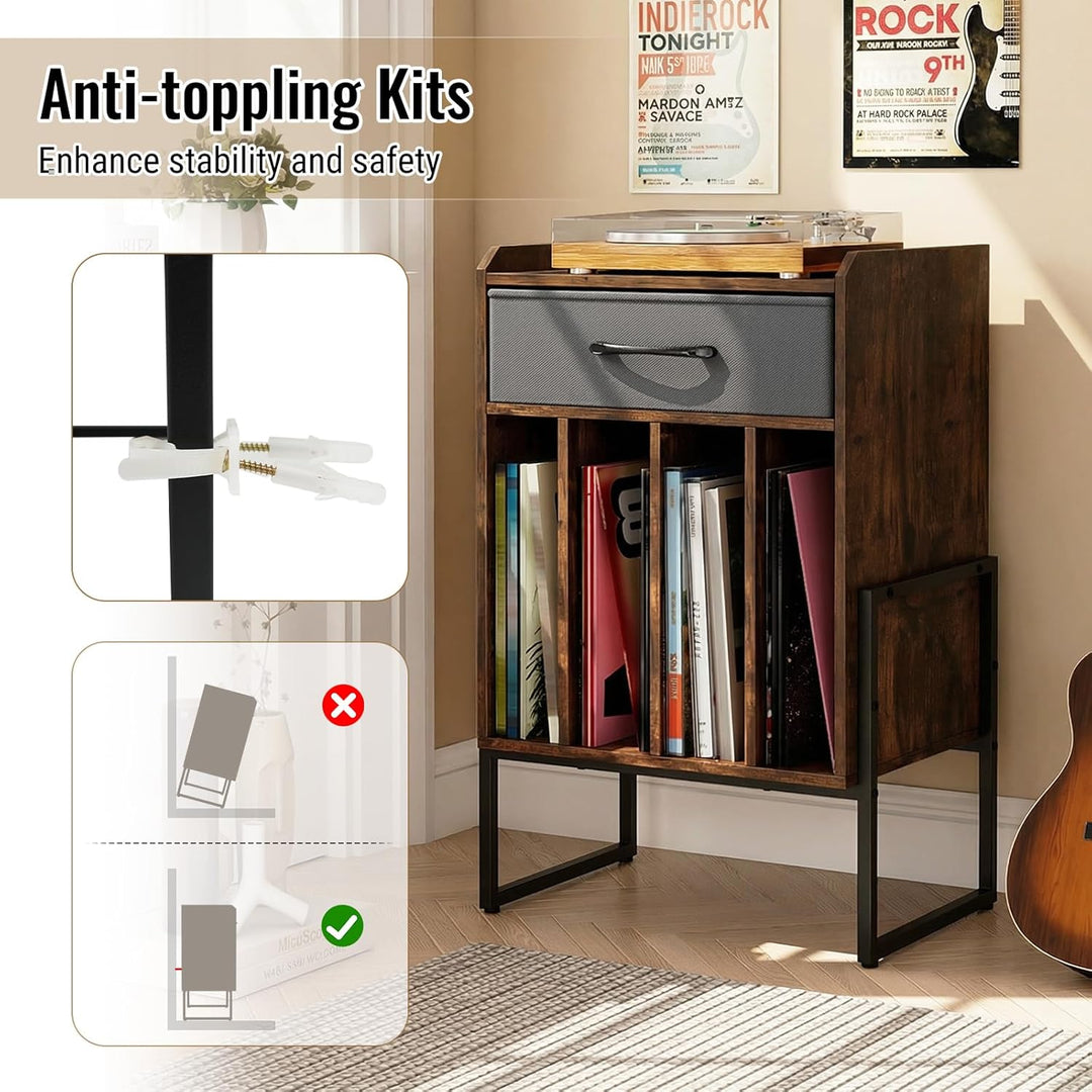 FANTASK Plattenspieler Ständer, Schallplattenregal mit faltbarer Stoffschublade &amp; 4 Fächern für bis