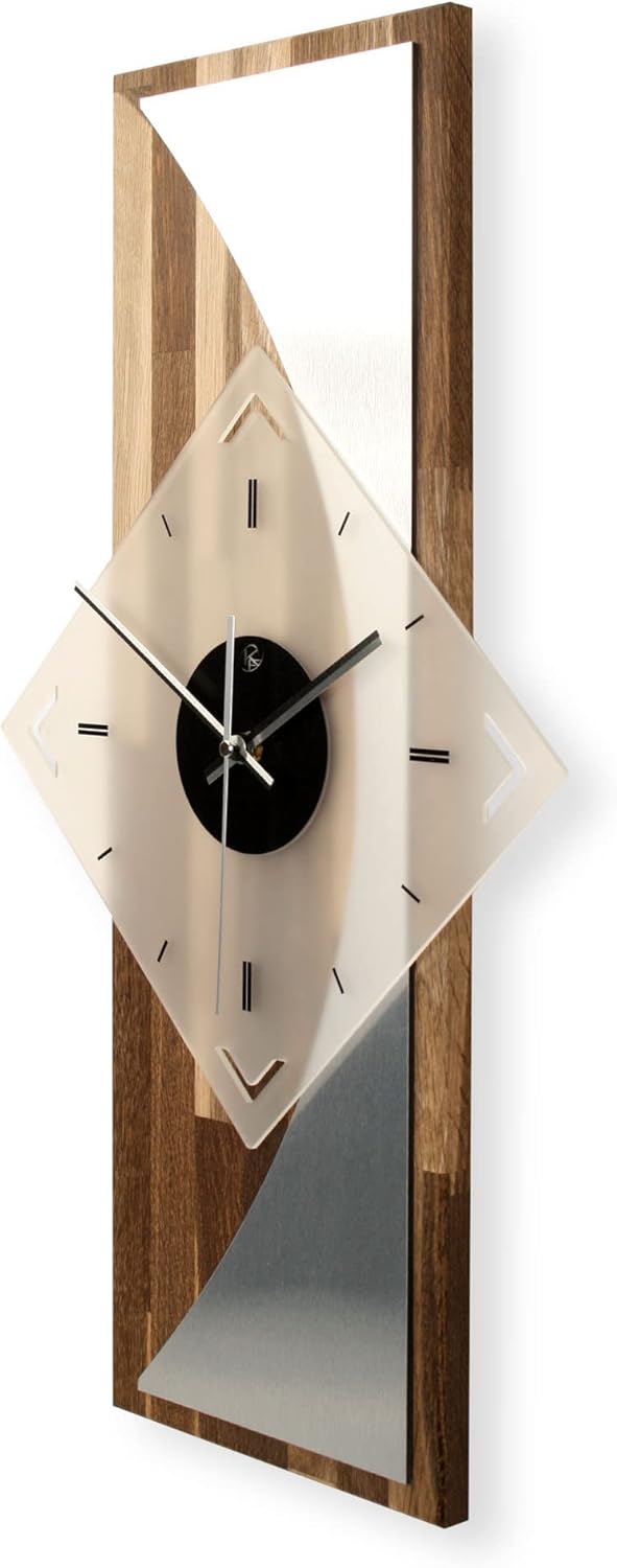 Kreative Feder Designer-WANDUHR „Silvermoon“ aus geräuchertem Eichenholz mit modernem Metallic-Look
