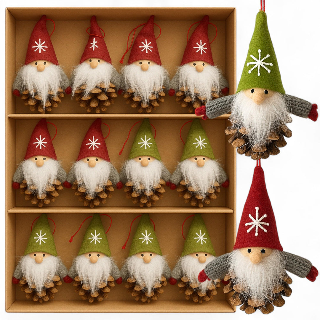 MIJOMA 12er Set Weihnachtswichtel – Handgemachter Baumschmuck aus Holz & Stoff – Deko-Wichtel für Ta