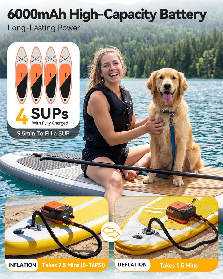 Dr.meter 6000mAh Wiederaufladbare Elektrische SUP Pumpe, SUP Pumpe Elektrisch Akku mit Auto-Off, Kan
