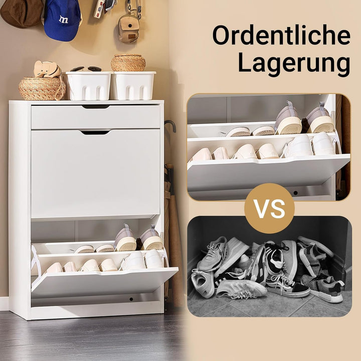 SoBuy Schuhschrank Schmal, Schuhkipper Schmal mit 2 Klappen und 1 Schublade, Kompakter Schuhregal, S