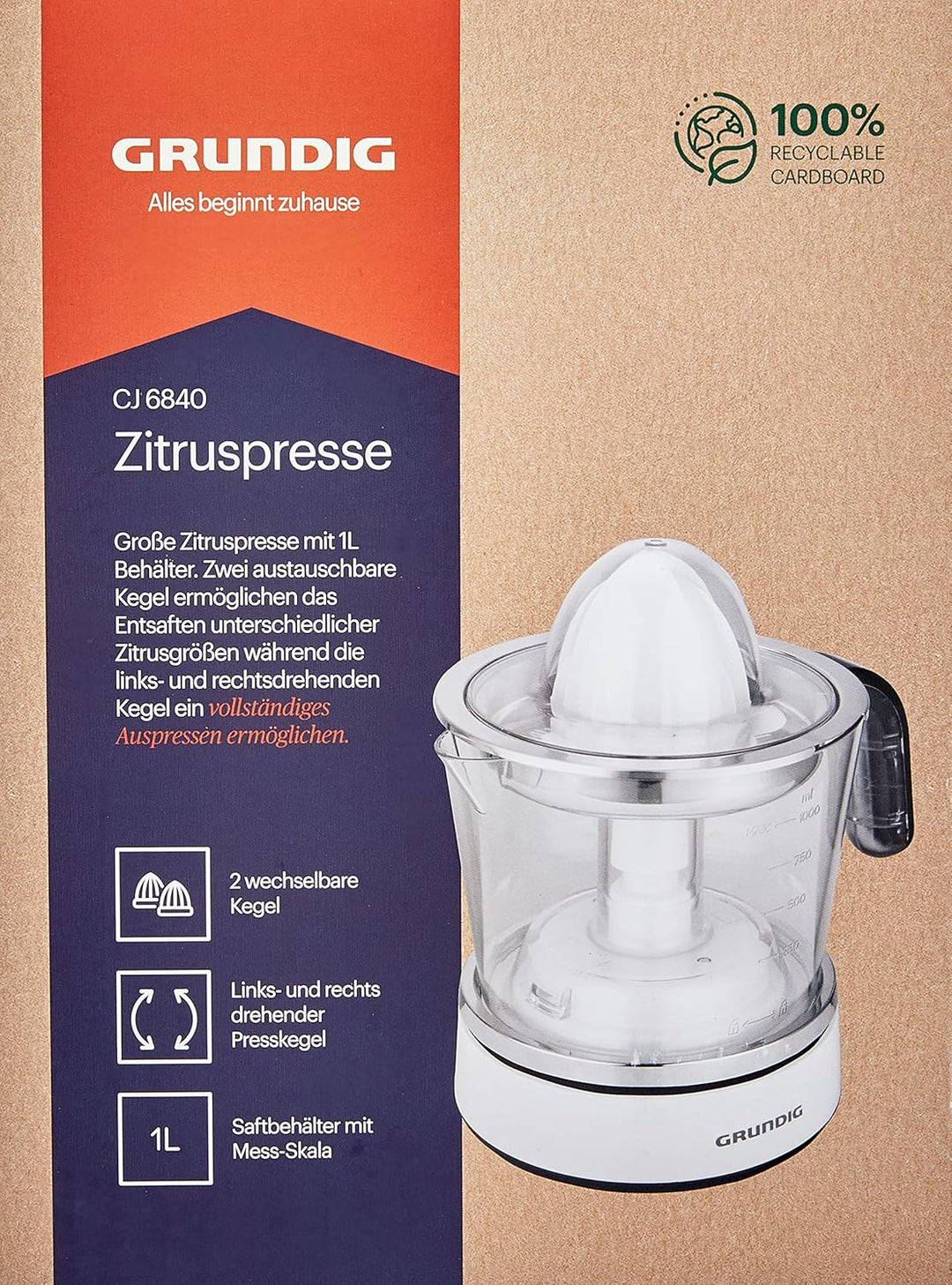 GRUNDIG Zitruspresse CJ 6840 mit zwei Presskegeln, Weiss