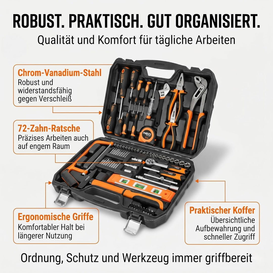 NEO TOOLS Handwerker-Werkzeugsatz, 88 Teile im robusten Koffer | 1/4" Schraubenschlüssel, Inbusschlü