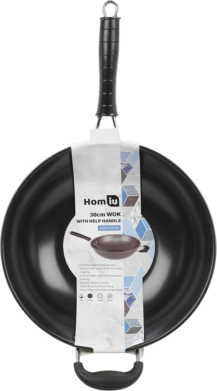 Homiu Wok Traditionelles Design mit 2 Griffen, antihaftbeschichtet, grosse Pfanne, Bakelit-Griff, Ka