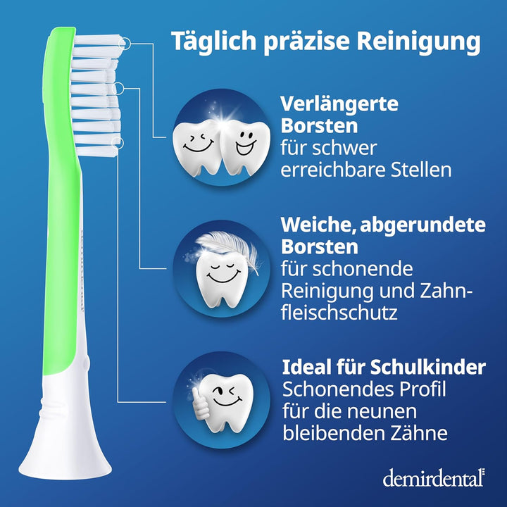 demirdental Kinder Ersatzbürsten passend für Philips Sonicare Kids, Bürstenköpfe ab 7 Jahre, entspri