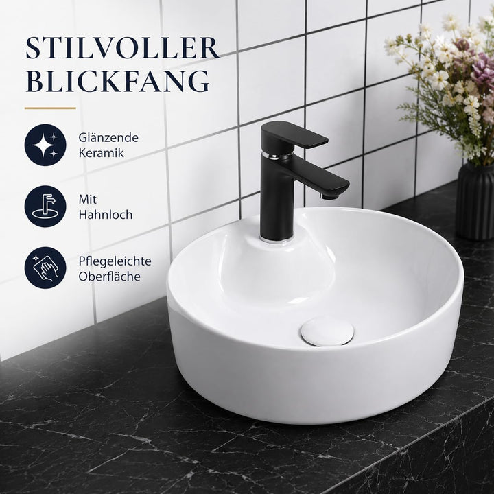 Art-of-Baan® Keramik-Aufsatzwaschbecken I Waschbecken mit Lotus-Effekt I Handwaschbecken in Weiss I
