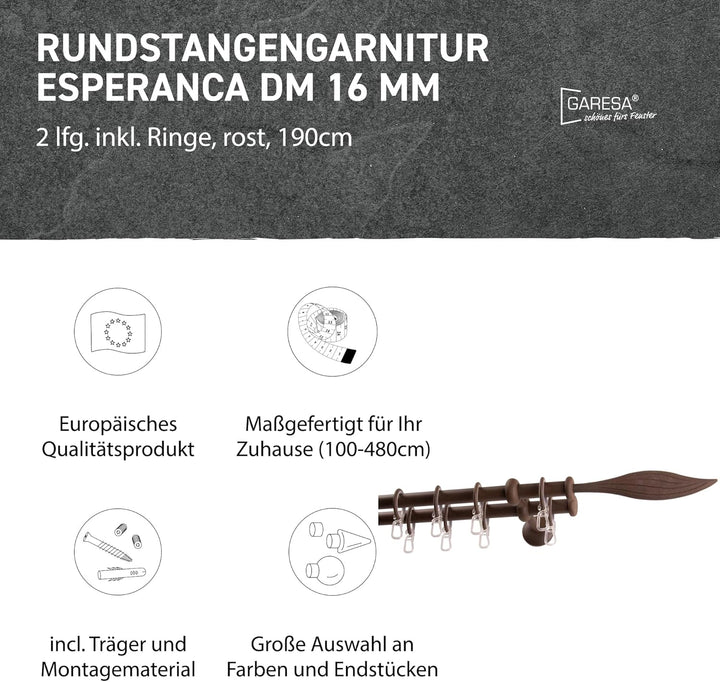 Garesa Gardinenstange Esperanca Ø 16mm, 2-läufig, Rost I Rustikale Vorhangstange inkl. Ringe + Falte