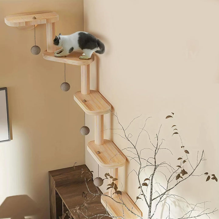 Katzenwand mit Katzentreppe &amp; Hängendem Spielball, 2 in 1 | Kratzbaum, 5 Ebenen Katzenkletterwand, M