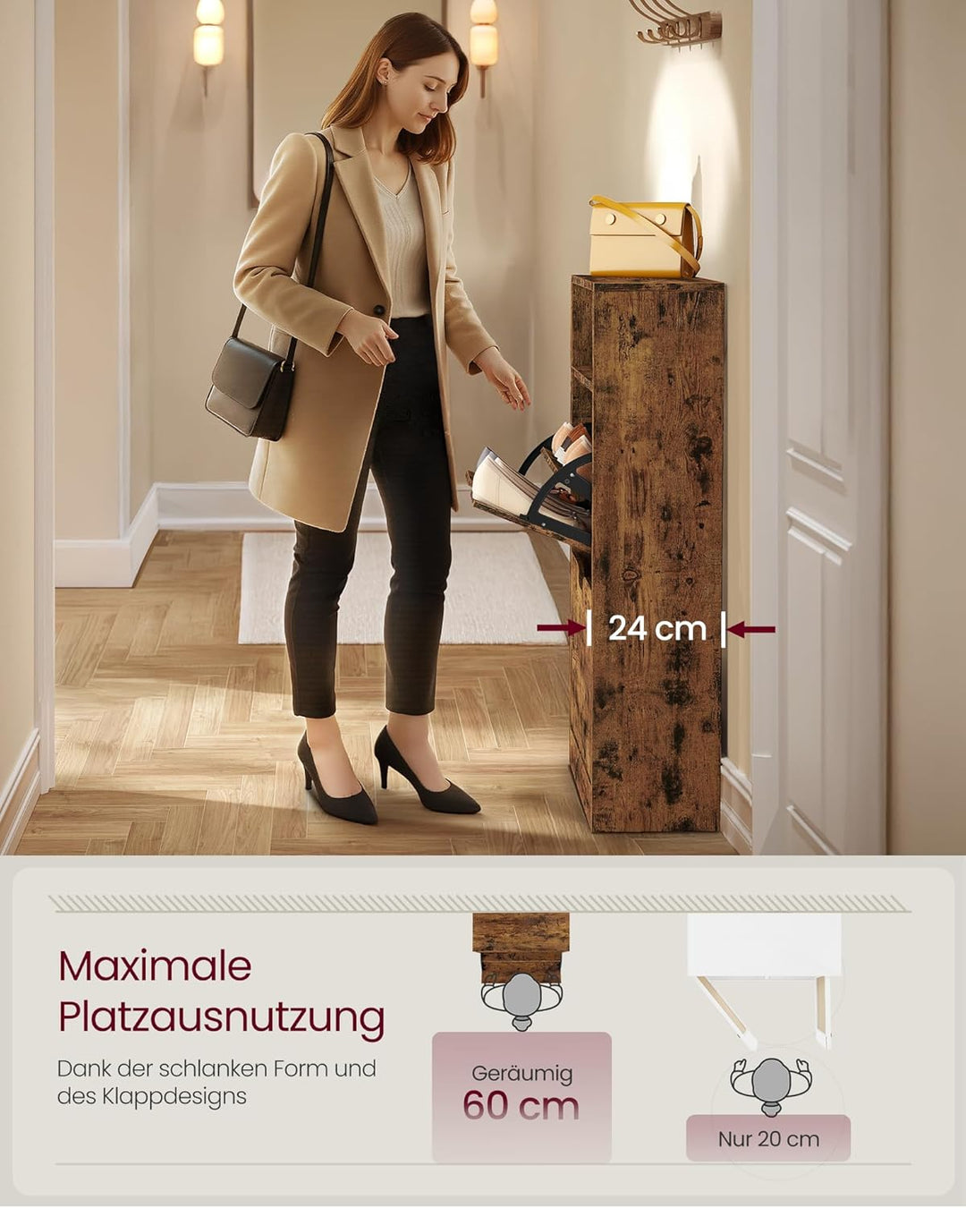 VASAGLE Schuhschrank 2 Klappen, Schuhkipper, Schuhregal, Schuhaufbewahrung, offenes Fach, Trennwand