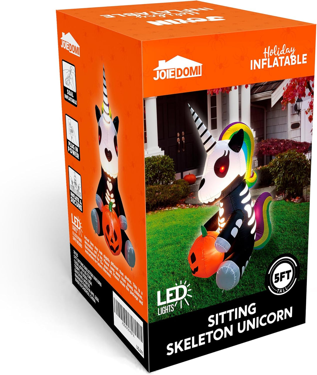 Joiedomi Aufblasbares Halloween-Skelett-Einhorn, 152 cm, aufblasbar, mit eingebauten LEDs, aufblasba