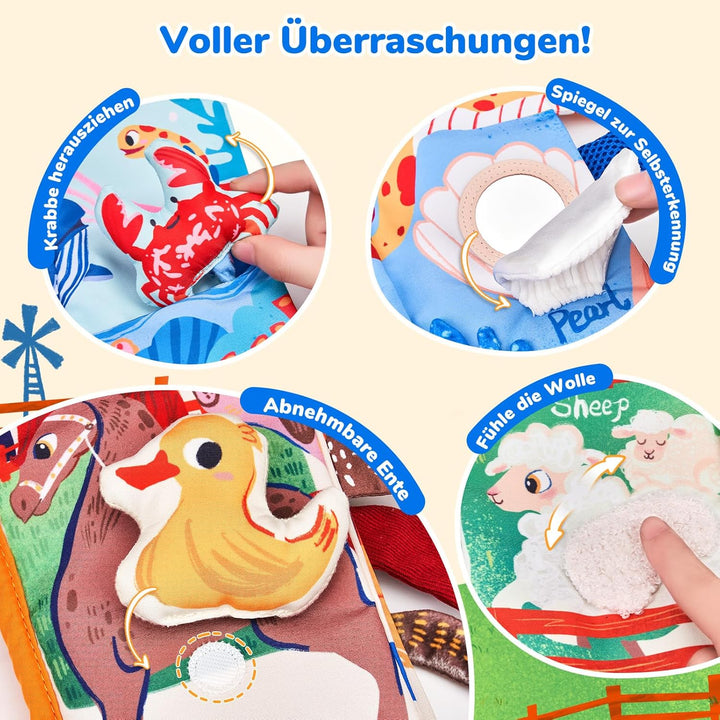 JoyCat Baby Spielzeug ab 0 3 6 Monate, 2 Stück Babybuch Stoffbuch, Bauernhof &amp; Ozean Fühlbuch Kniste