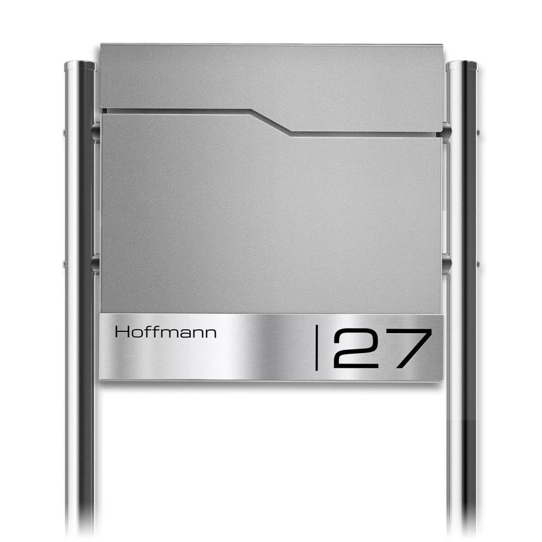 Metzler Briefkasten mit Pfosten in RAL 9007 Graualuminium Enno - Standbriefkasten mit V2A Edelstahl