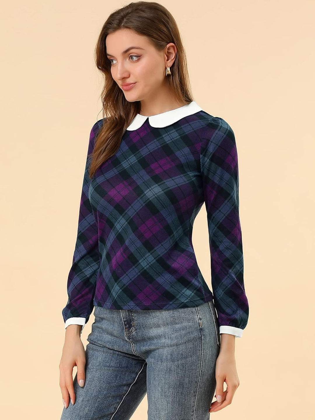 Allegra K Damen Bubikragen Bluse Oberteil Langarm Panel Elegant Kariert Shirt S Lila, S Lila