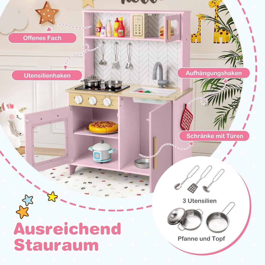COSTWAY Kinderküche mit Zubehör, Spielküche Holz mit Mikrowelle Herd Spüle Ofen, Kinder Küche mit Li