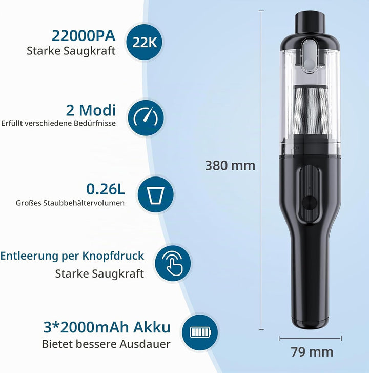 Handstaubsauger, 22000Pa Auto-Staubsauger, Mini Staubsauger mit Waschbar HEPA-Filter, USB-Akku Sauge
