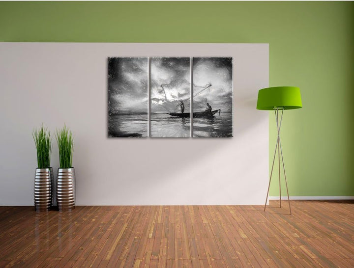 Pixxprint Fischer am fischen mit Wurfnetz Kohle Effekt 3-Teiler Leinwandbild 120x80 Bild auf Leinwan