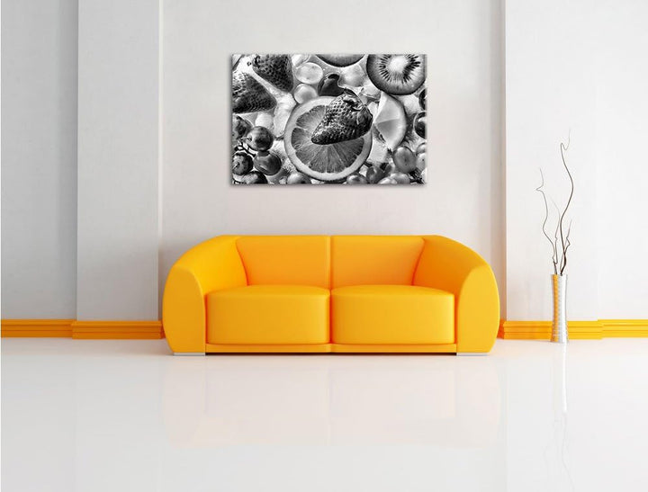 Pixxprint Kiwi Apfel Birne Obst Obstsalat / 100x70cm Leinwandbild bespannt auf Holzrahmen/Wandbild K