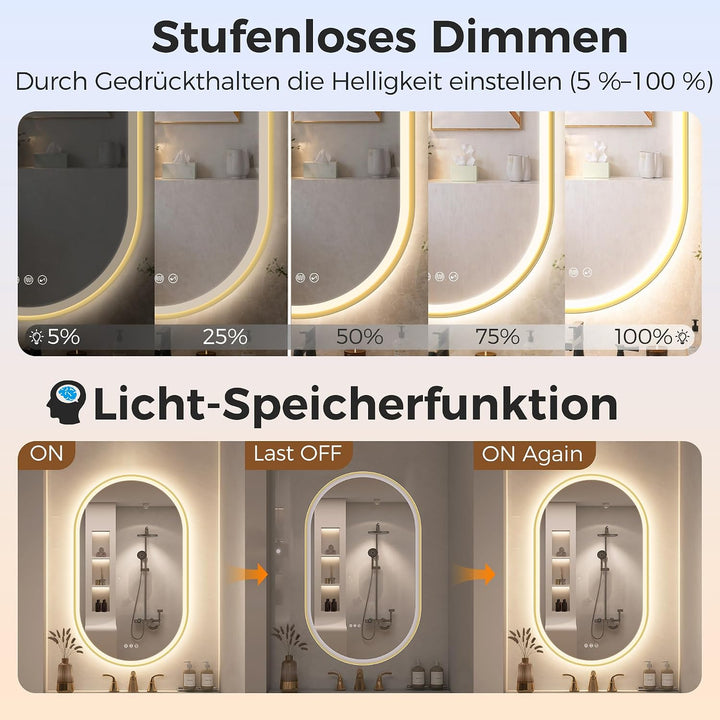 STARLEAD Gold Oval-LED-Badspiegel-mit-Beleuchtung 80x50cm, Bluetooth, Dimmbar, 3 Lichtfarben, Entfog