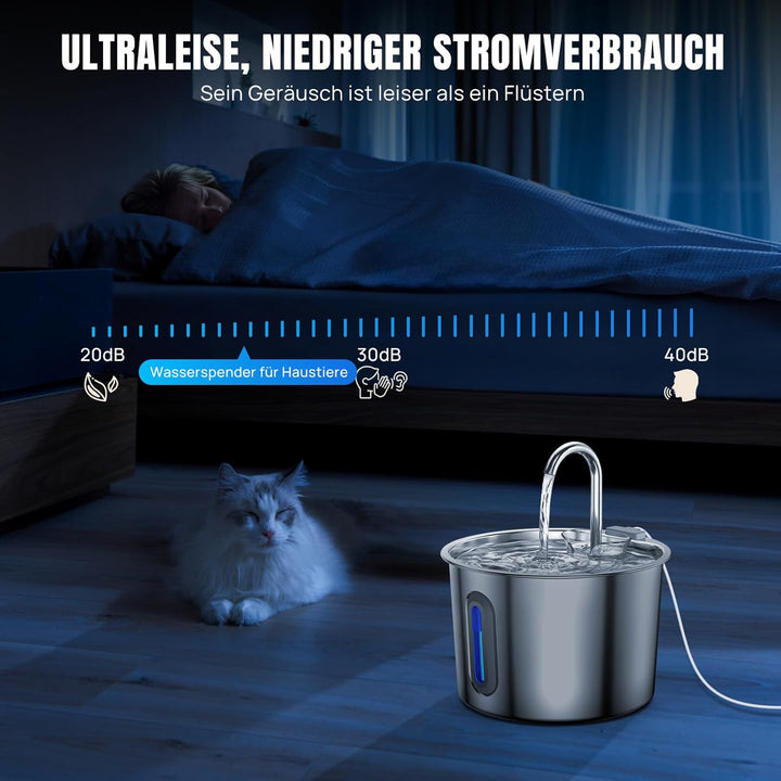 2.2L Edelstahl Trinkbrunnen Katzenbrunnen für Katze und Hunde Leise Trinkbrunnen mit 3-Stufen Filter