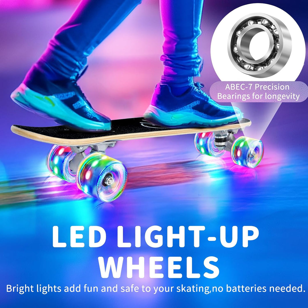 BELEEV Skateboard Komplette 22 Zoll Mini Cruiser Skateboard für Kinder Jugendliche Erwachsene, LED L