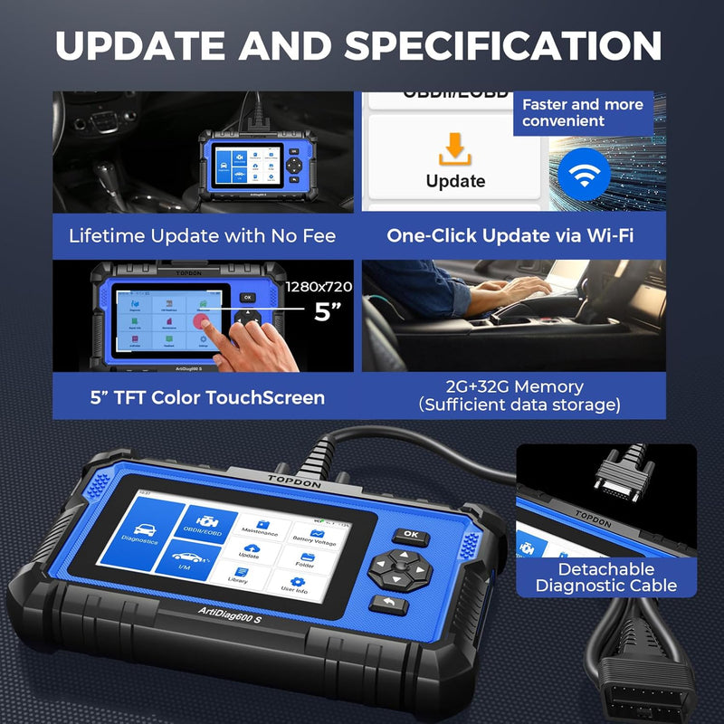 TOPDON AD600S OBD2 Diagnosegerät,8 Reset-Services für Öl,BMS,ABS,SAS,elektrische Parkbremse,Russpart