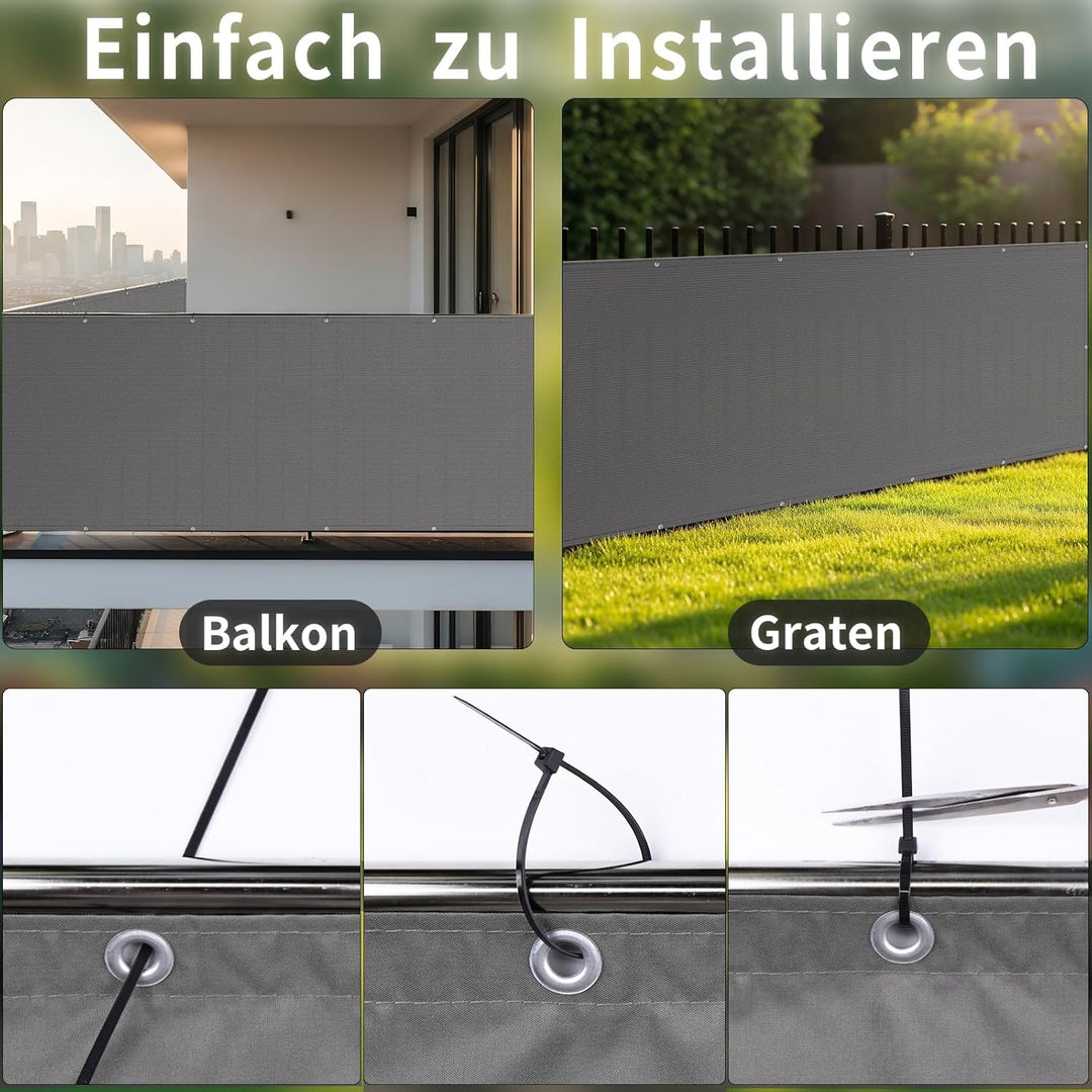 Shade&Beyond Balkon Sichtschutz Wetterfest 90x500cm, 95% UV-Schutz Balkonabdeckung mit Kabelbinder f