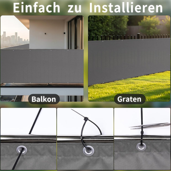 Shade&Beyond Balkon Sichtschutz Wetterfest 90x500cm, 95% UV-Schutz Balkonabdeckung mit Kabelbinder f